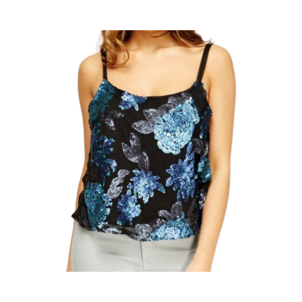 Sequins Sheer Floral String Cami Top Blue Black SIZE S | M | L