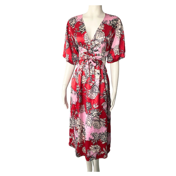 Influence Cut-out Floral Midi Dress Red Pink SIZE 12 - New