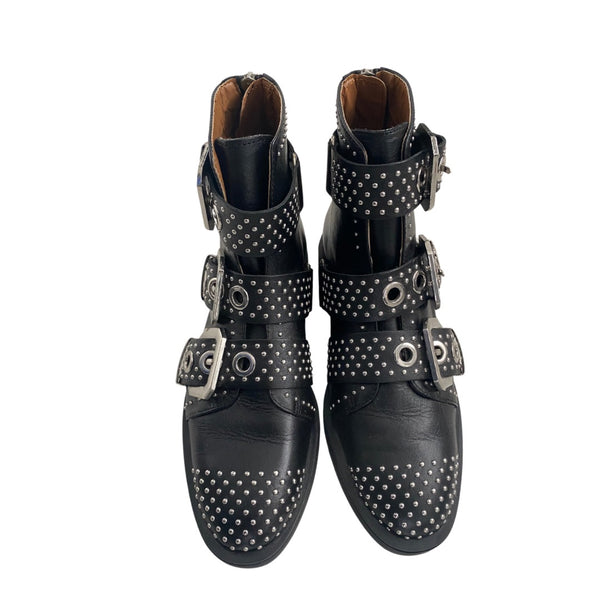 Zara Buckled Leather Stud Ankle Boots Black SIZE 36