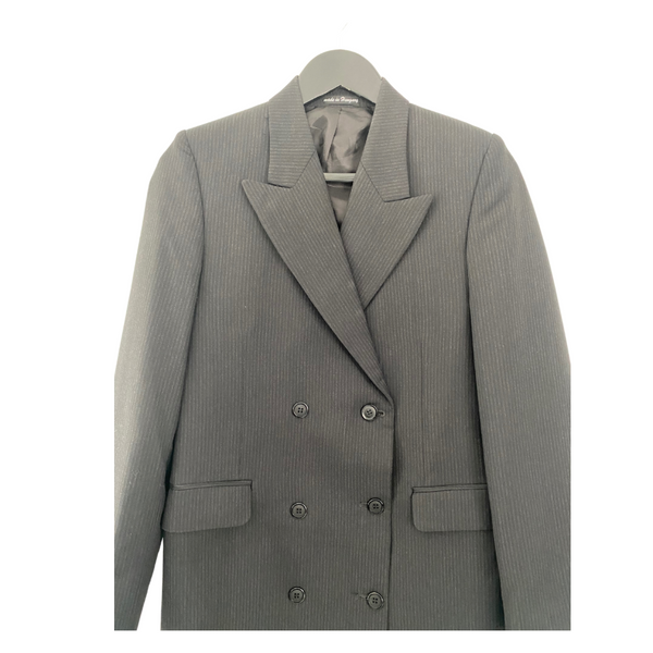 VINTAGE Pinstripe Suit Double-Breasted Longline Blazer (14) Trouser (10) Black