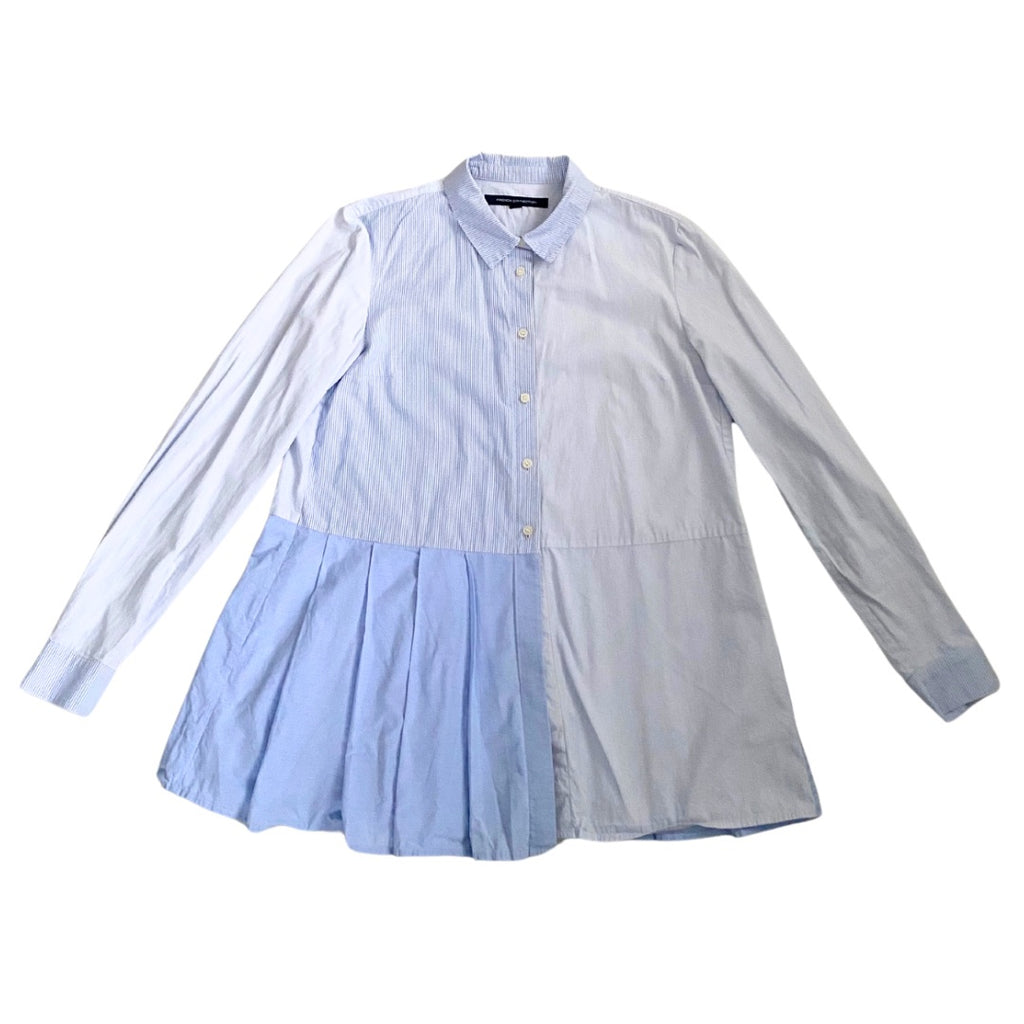 French Connection Contrast Pinstripe Pleated Hem Shirt Blue SIZE 10 - Preloved