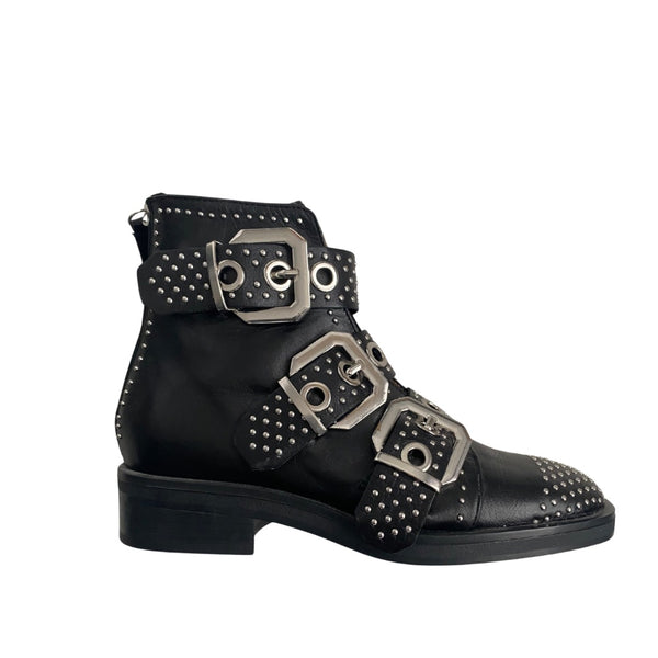 Zara Buckled Leather Stud Ankle Boots Black SIZE 36