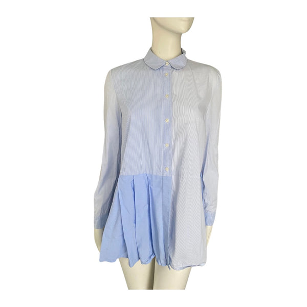 French Connection Contrast Pinstripe Pleated Hem Shirt Blue SIZE 10 - Preloved