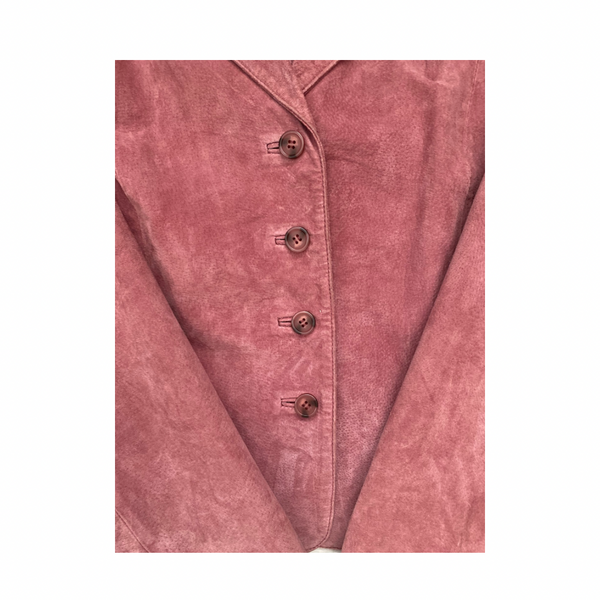 Close-up of a pink suede jacket with buttons on a white background