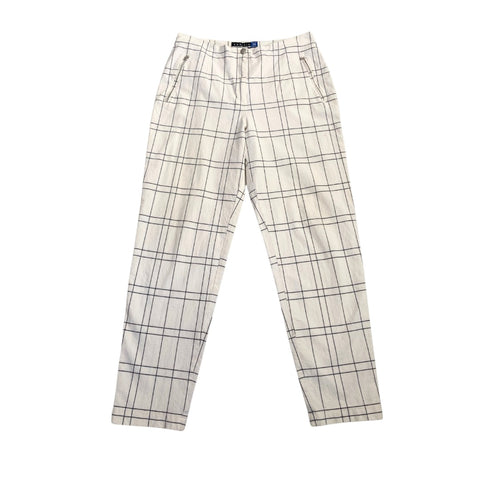 Check Cotton Stretch Trousers Cream SIZE 16 - Vintage