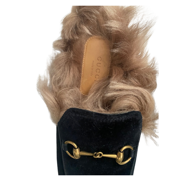 GUCCI Princeton Fur-lined Velvet Loafers Black SIZE 39