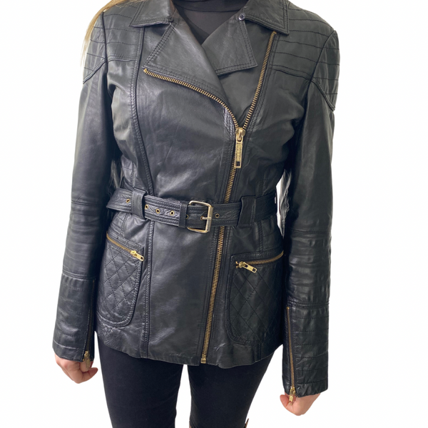 River Island Leather Midi Biker Jacket Black SIZE 12 Preloved