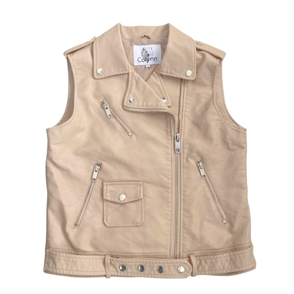 Faux Leather Biker Waiscoat Cream SIZE L - New