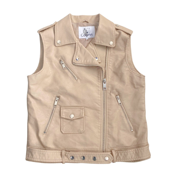 Faux Leather Biker Waiscoat Cream SIZE L - New