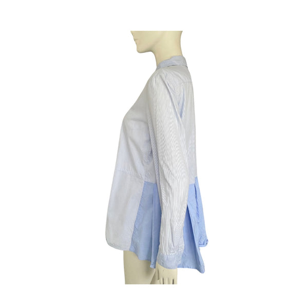 French Connection Contrast Pinstripe Pleated Hem Shirt Blue SIZE 10 - Preloved