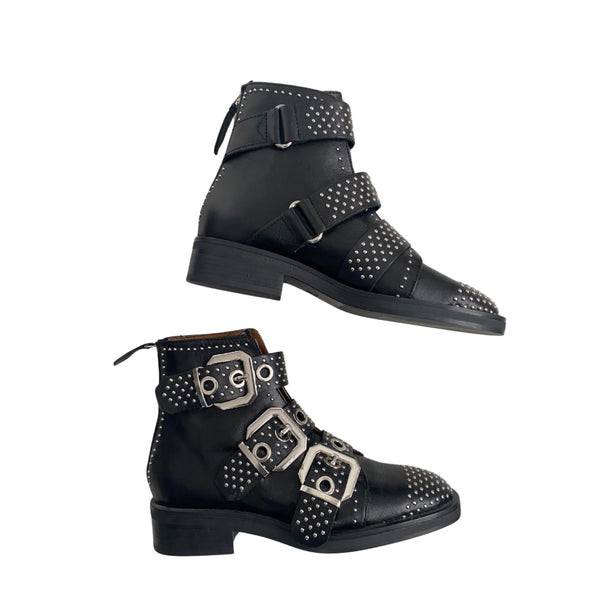 Zara Buckled Leather Stud Ankle Boots Black SIZE 36