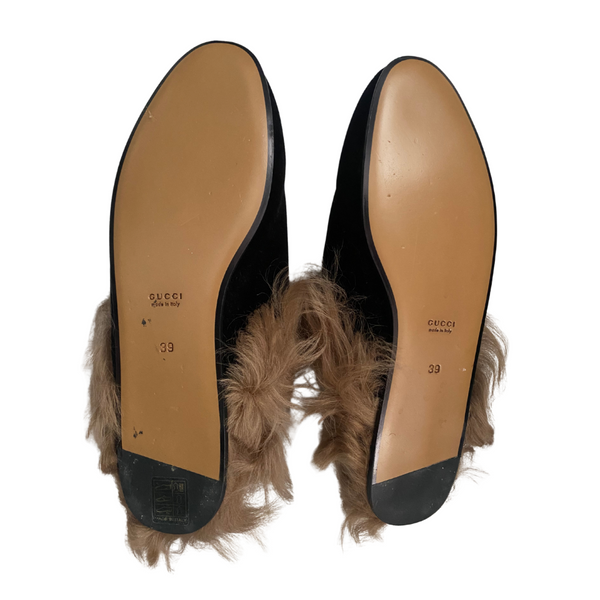 GUCCI Princeton Fur-lined Velvet Loafers Black SIZE 39