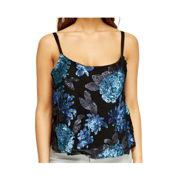 Sequins Sheer Floral String Cami Top Blue Black SIZE S | M | L