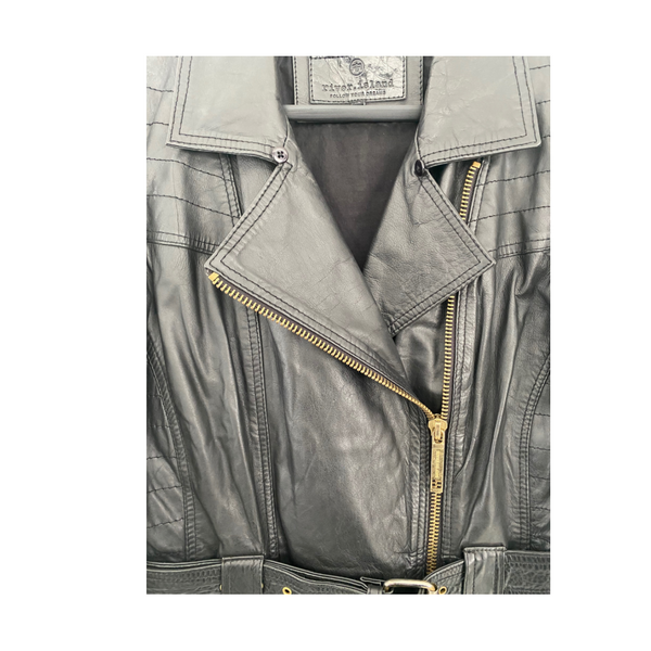 River Island Leather Midi Biker Jacket Black SIZE 12 Preloved