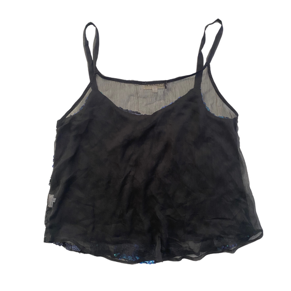 Sequins Sheer Floral String Cami Top Blue Black SIZE S | M | L