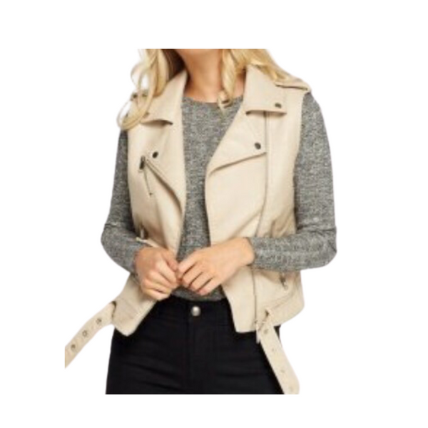Faux Leather Biker Waiscoat Cream SIZE L - New