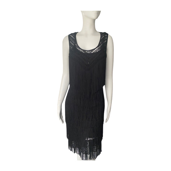 Marks & Spencer Fringe Layered Midi Dress Black SIZE 10 - Preloved