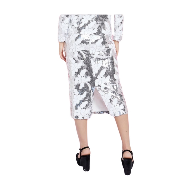 Flower Sequin Pencil Skirt Silver SIZE S - New