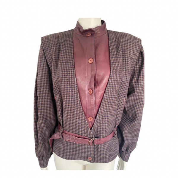 80s Check Contrast Wool Leather Jacket Burgundy SIZE 12 - Vintage