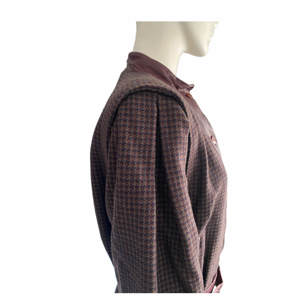 80s Check Contrast Wool Leather Jacket Burgundy SIZE 12 - Vintage