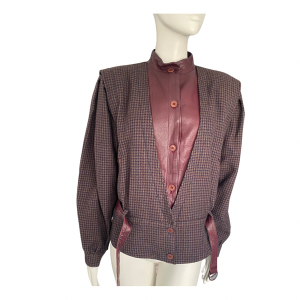 80s Check Contrast Wool Leather Jacket Burgundy SIZE 12 - Vintage