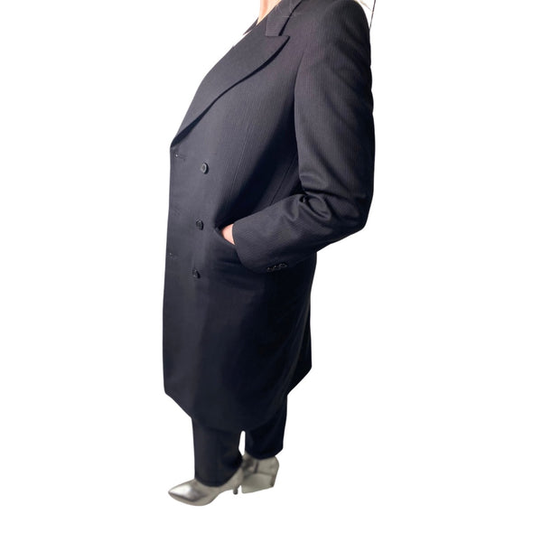 VINTAGE Pinstripe Double-Breasted Longline Blazer (14) Trouser (10) Suit Black