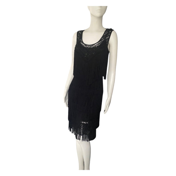 Marks & Spencer Fringe Layered Midi Dress Black SIZE 10 - Preloved
