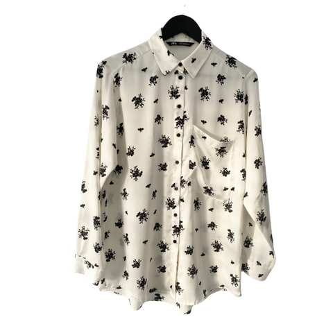 Zara Floral Print Shirt Cream SIZE S
