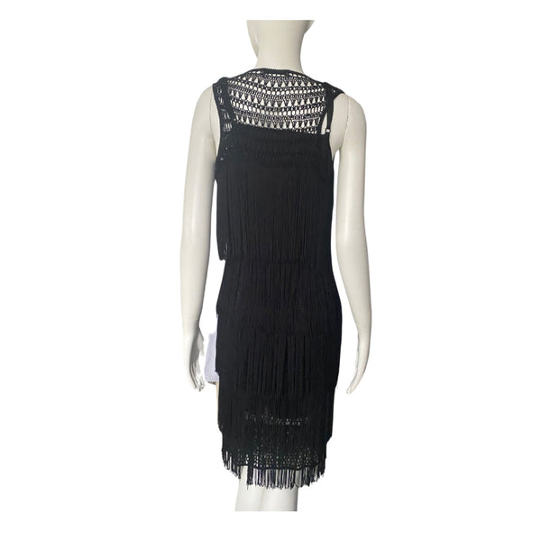 Marks & Spencer Fringe Layered Midi Dress Black SIZE 10 - Preloved