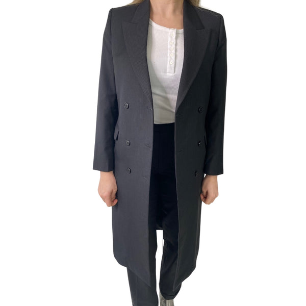 VINTAGE Pinstripe Suit Double-Breasted Longline Blazer (14) Trouser (10) Black