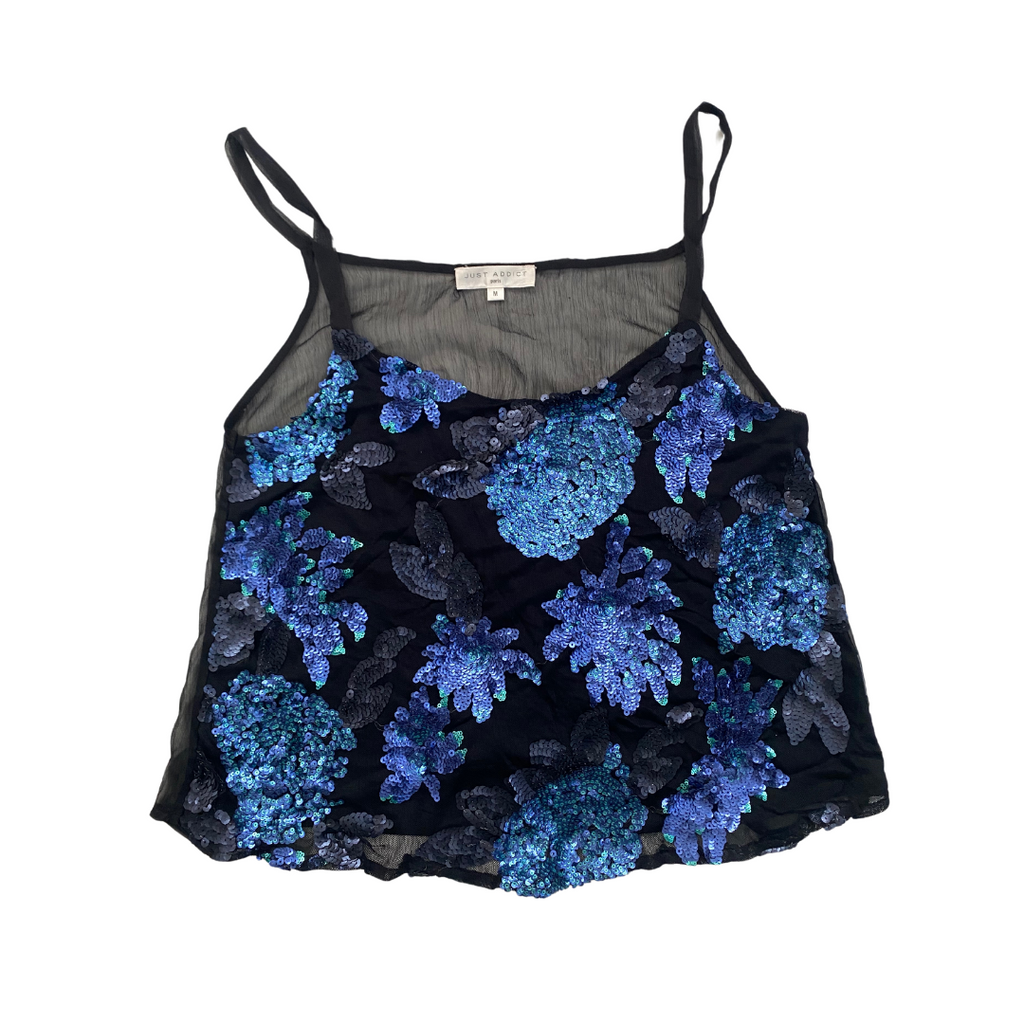 Sequins Sheer Floral String Cami Top Blue Black SIZE S | M | L