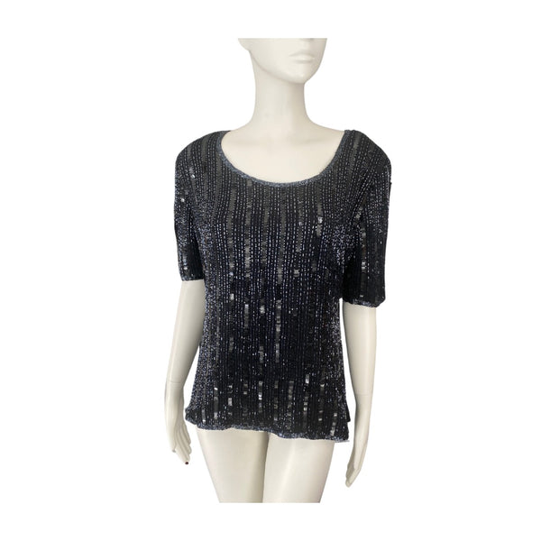 Vintage Short Sleeve Sequins Top Navy SIZE 14