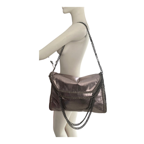 Chain Trim Shoulder Tote Bag Metallic Grey - New
