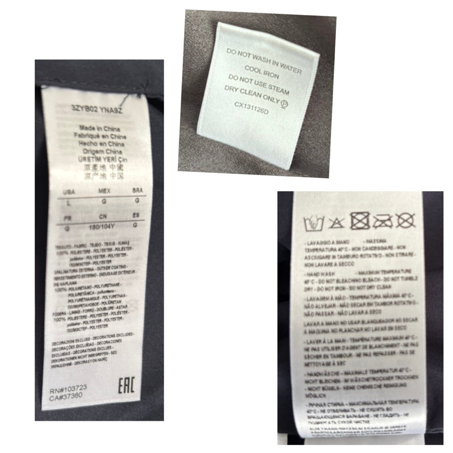 Collage of clothing labels with text and symbols on a black background