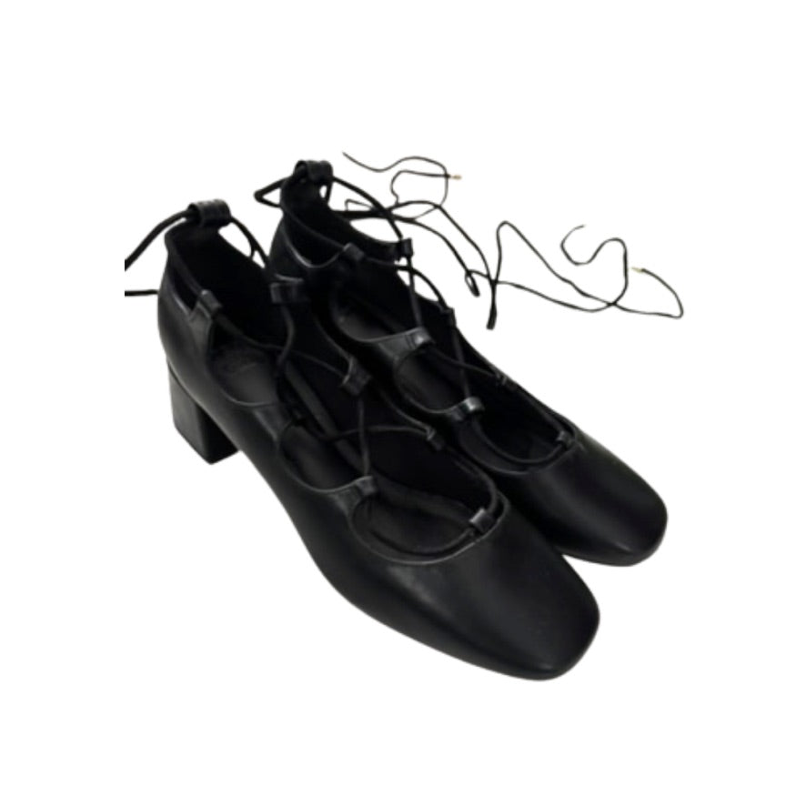 Pair of black tap shoes on a white background