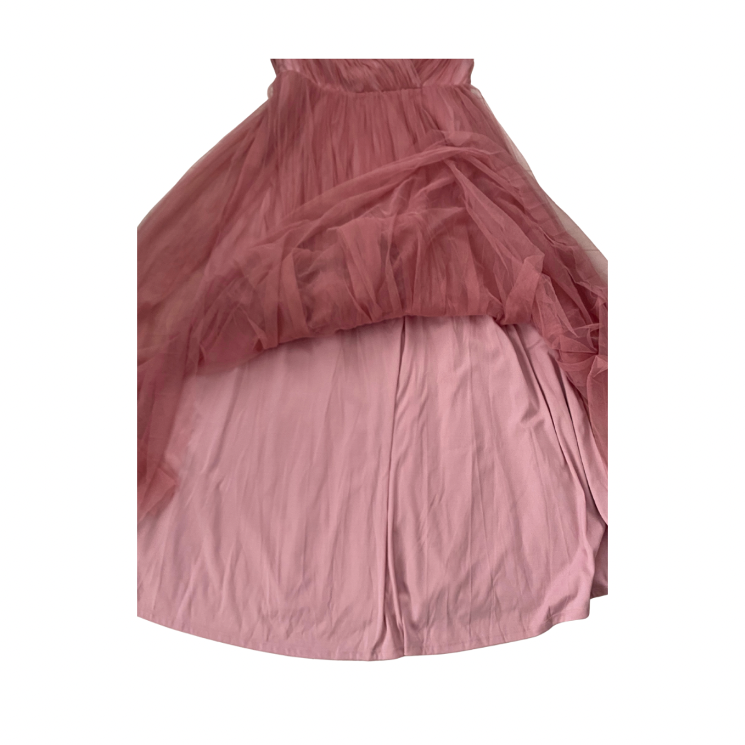 Pink layered dress on a white background