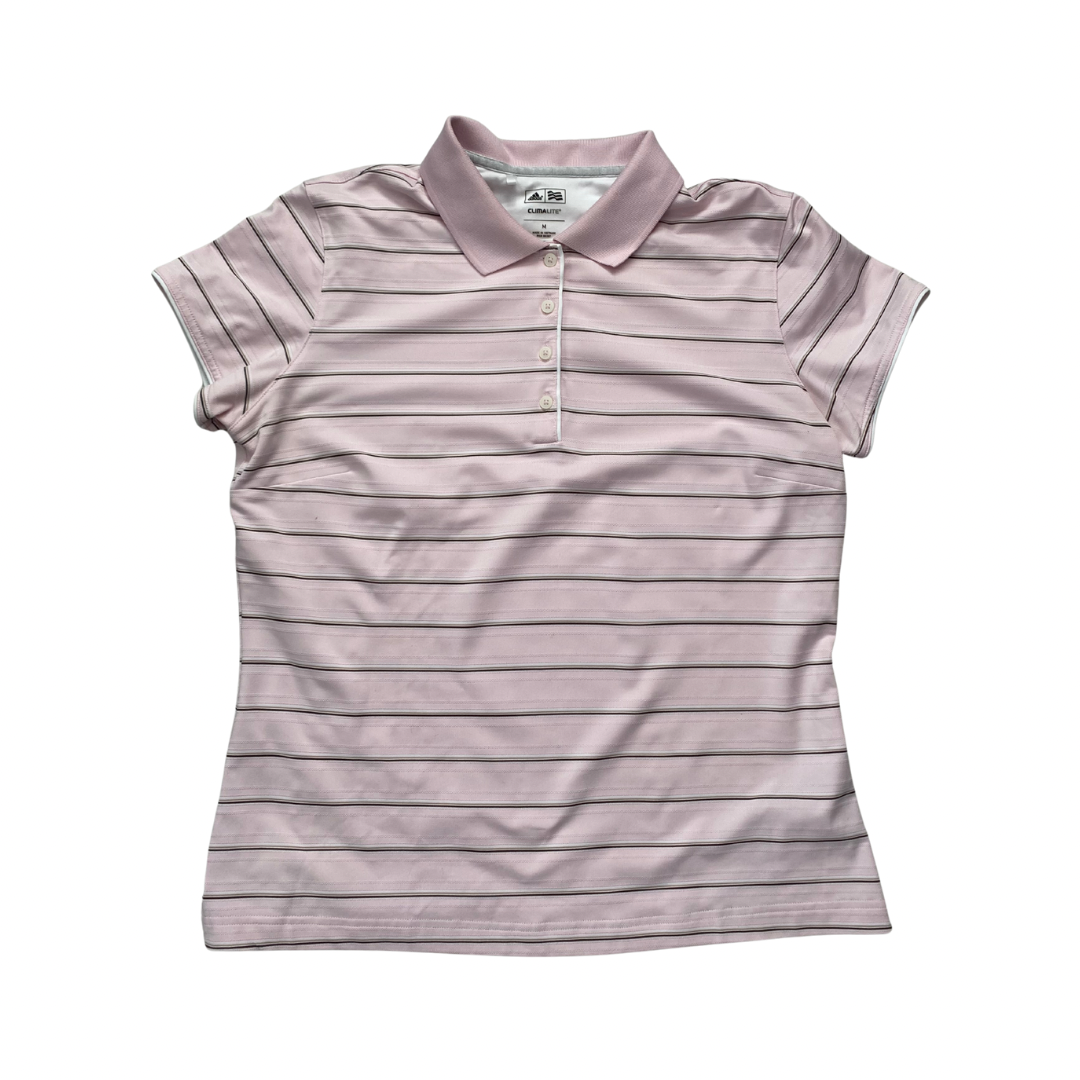 Adidas Golf pink striped Climalite short-sleeve polo shirt with collar and button placket.