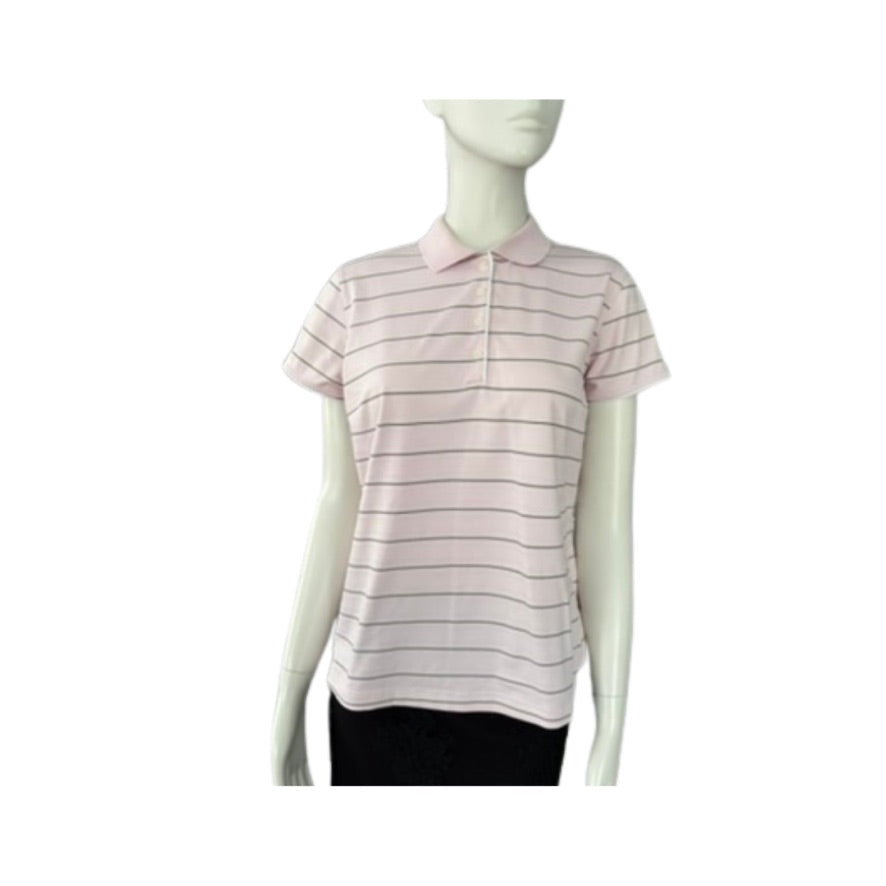 Mannequin wearing a pink and white striped polo shirt on a white background