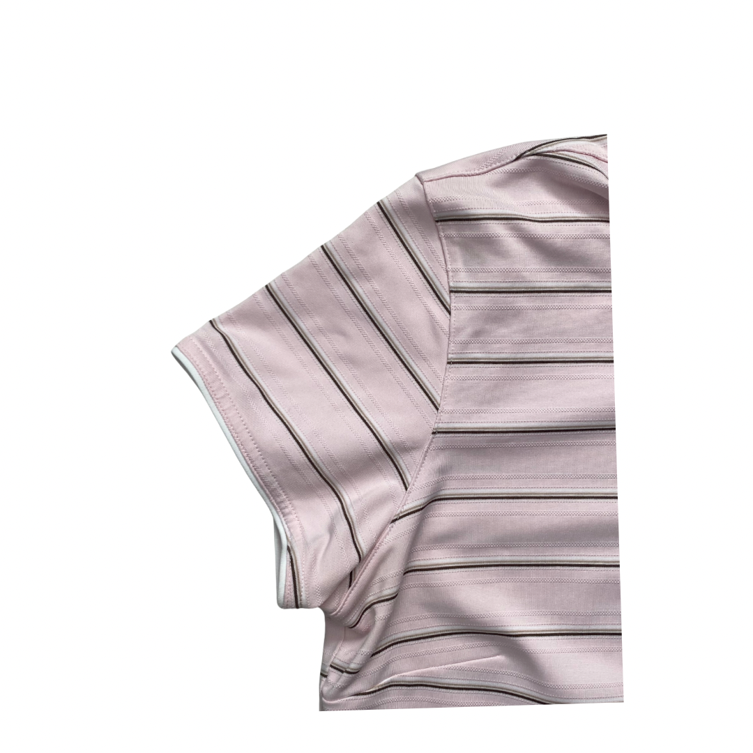 Close-up of a light pink fabric with horizontal stripes on a white background