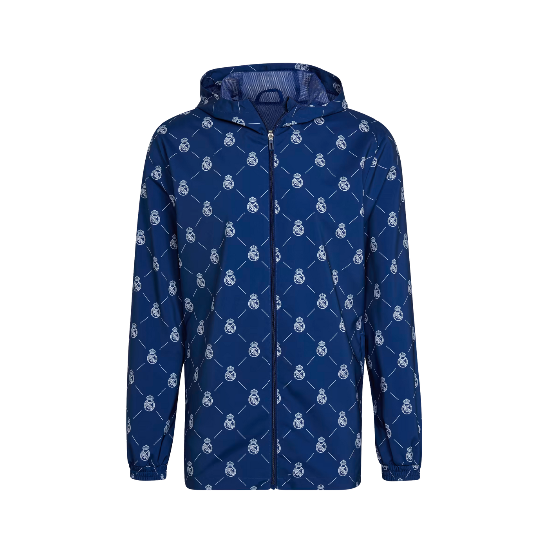 Blue jacket with white patterns on a white background