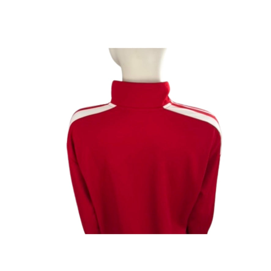 Red turtleneck sweater with white stripes on a mannequin against a white background
