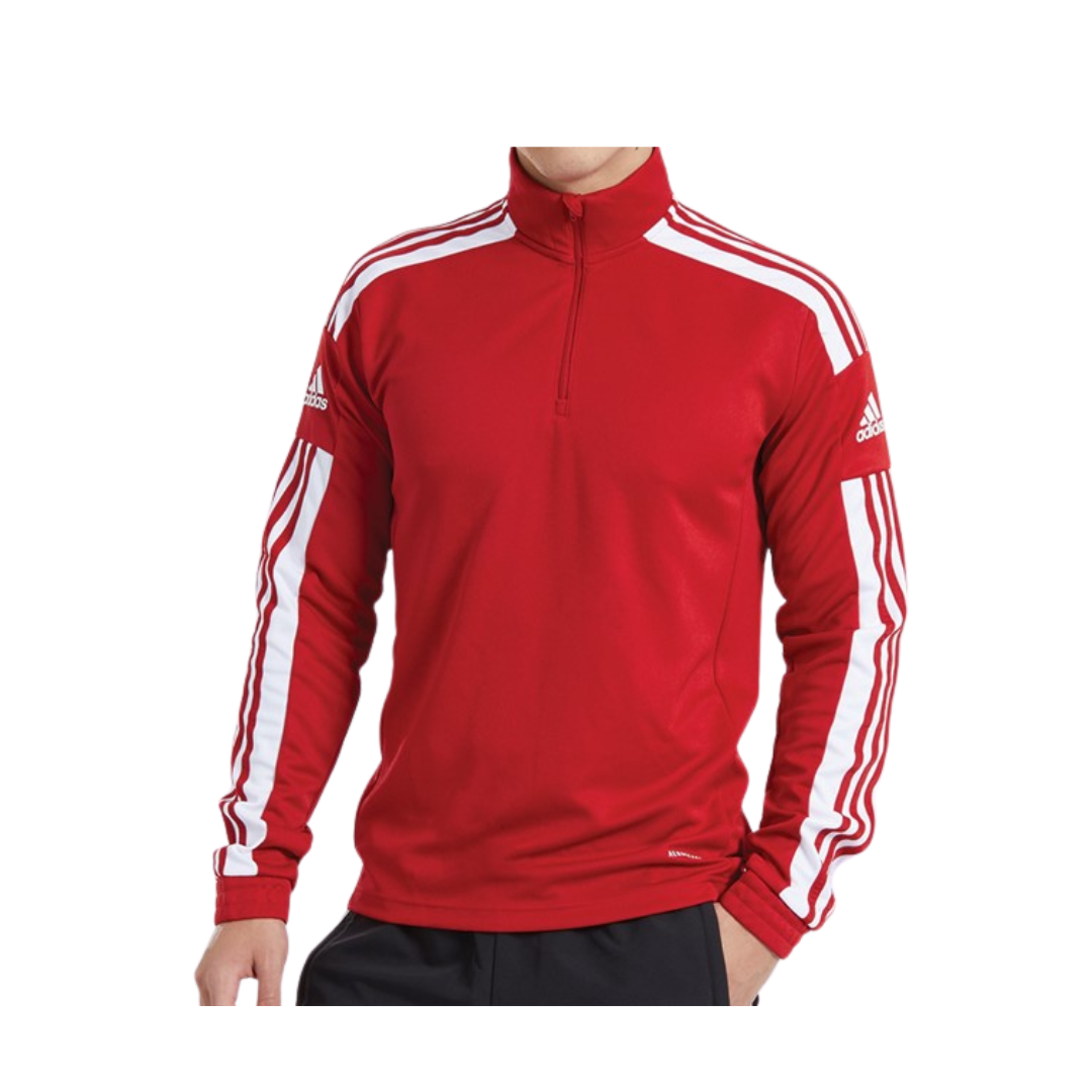 Red athletic jacket with white stripes on a white background