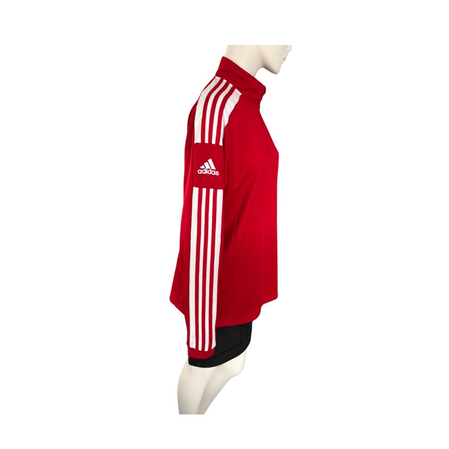 Red Adidas sports outfit with white stripes on a mannequin against a white background