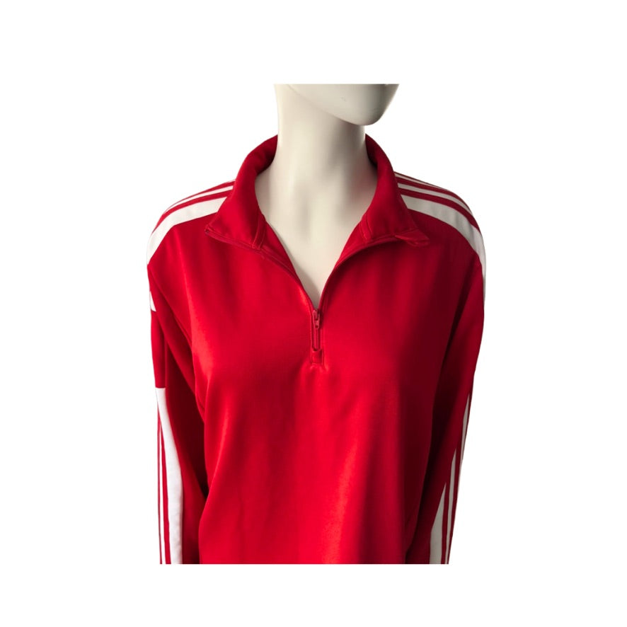 Red sports jacket with white stripes on a mannequin against a white background