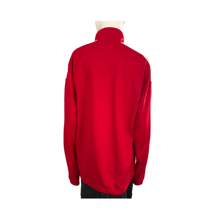 Red half-zip sweatshirt on a mannequin against a white background