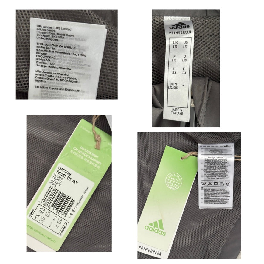 Collage of Adidas labels on a bag with text and logos.