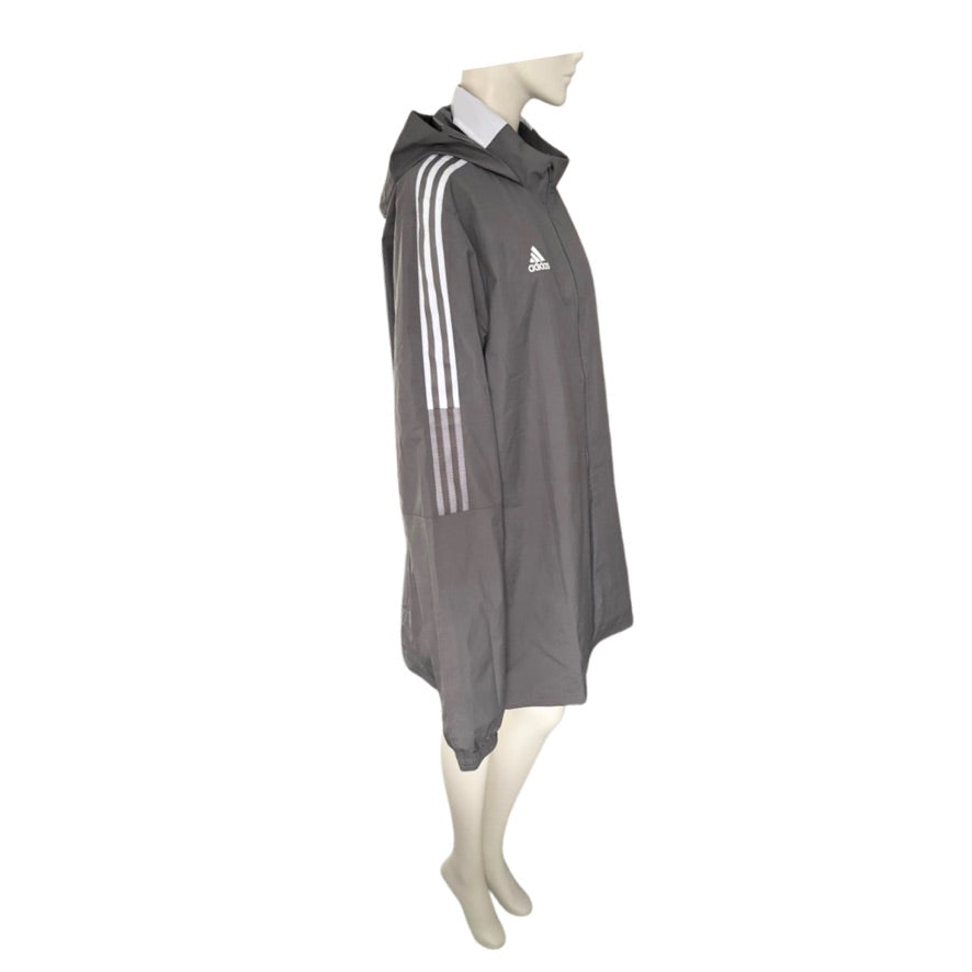Grey raincoat with white stripes on a mannequin against a white background