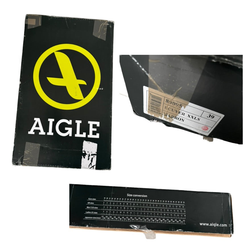 Aigle shoe box with size chart on a white background