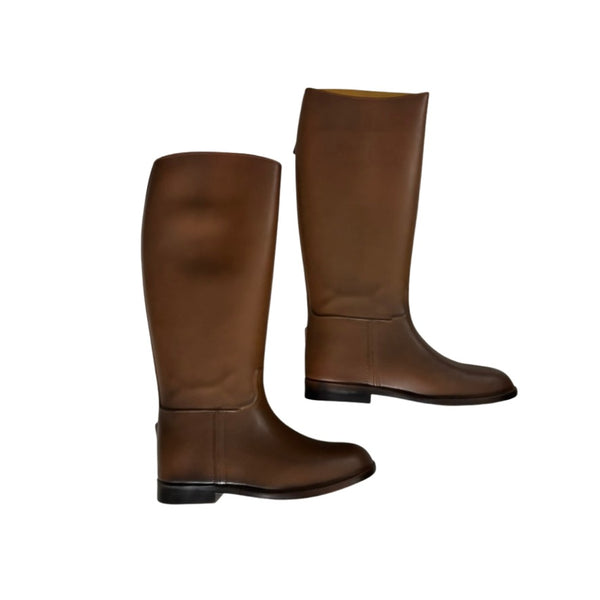 Pair of brown knee-high boots on a white background