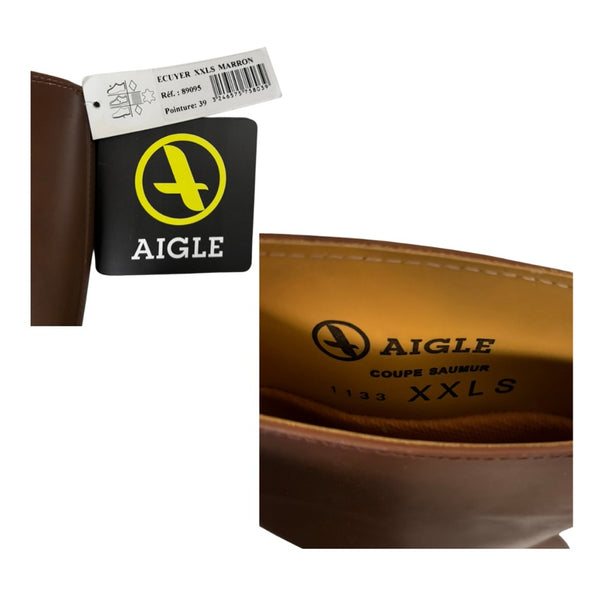 Brown Aigle shoe with visible branding and a tag on a white background
